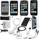 **15-Item SUPER ACCESSORY BUNDLE ** for Apple iPhone 3G 3Gs 8GB 16GB 32GB Includes: Black Rubber Silicone Skin + White Rubber Silicone Skin with Elastic Armband + Transparent Clear Snap On Crystal Hard Cover Case + Black Leather Flip Premium Case + Clear Reusable LCD Screen Protector + White 3.5mm Stereo Earphone Headset + Earbud Earphone Splitter + Car Audio 3.5mm Jack AUX Auxiliary Cable + USB Home Travel Charger Power Adapter + USB Car Charger Power Adapter + USB Dock Connector Data Cable + Retractable USB Data Sync Cable + Fishbone Cord Organizer + Mesh Travel Bag