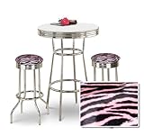 IMAGE OF Chrome Bar Table & 2 Chrome Pink Zebra Faux Fur Fabric Seat Barstools