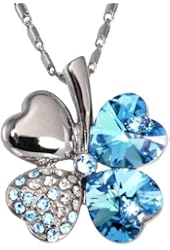Four Leaf Clover Heart Shaped Swarovski Elements Crystal Rhodium Plated Pendant Necklace