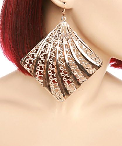 Extra Large, Ornate Gold Tone Filigree Textured Square Shaped Drop Earrings