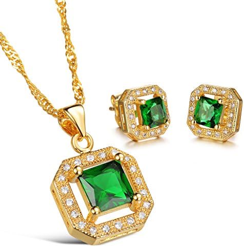 EIGA Women's 18K Gold Plate Cubic Zirconia Necklace and Earrings jewelry Set Green