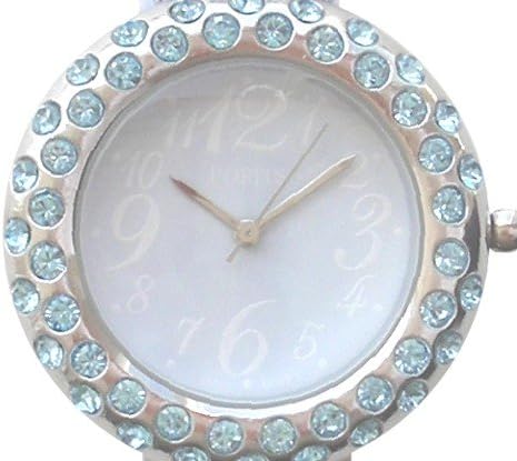 "Popits" Chrome Tone Watch with 47 Aquamarine Color Swarovski Crystals, Light Blue Color Matching Leather Strap and Light Blue Dial
