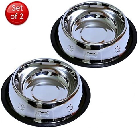 JFULLERTON's Set of 2 Etched Stainless Steel Dog Bowls, 16 oz Dry Weight # Easy to Clean &amp; Bacteria Resistant # Rust Proof with Non-Skid No-Tip Natural Rubber Edge # Beautiful Feeding Bowls for Dogs