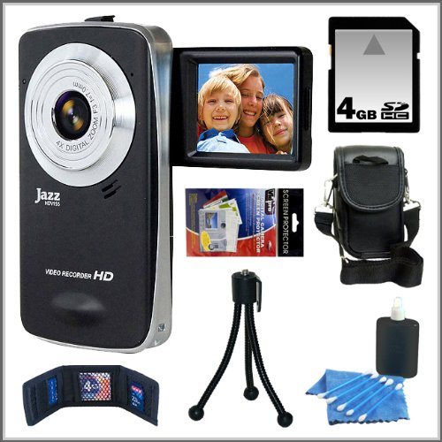 Jazz HDV155 5MP Digital Camcorder with 1.8in Flip LCD in Black + 4GB Accessory Kit