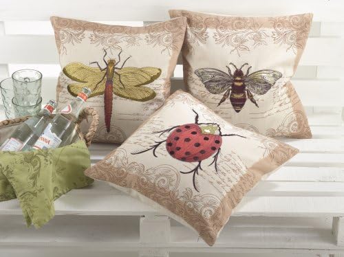 Printed and Embroidered Insect Design Decorative Throw Pillow, Filler Included, 17"x17" (dragonfly)