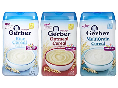 Gerber Baby Cereal 16 Oz Size Variety Pack, 3 Basic Flavors: Rice Cereal, Oatmeal Cereal, Multigrain Cereal. Bundle of 3