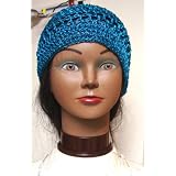 Hand Crocheted Turquoise Metallic Gimp Skull Cap for Women and Teens at Gita