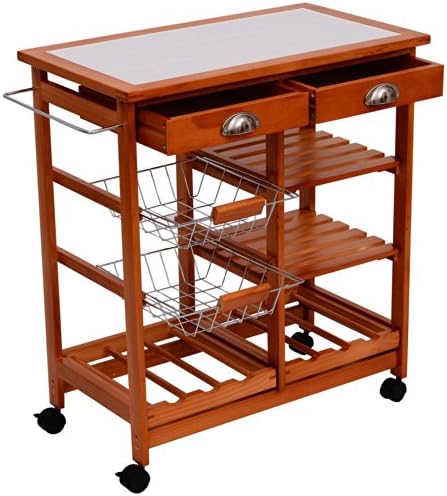 29" Portable Rolling Tile Top Kitchen Trolley Cart w/ 6 Bottle Wine Rack
