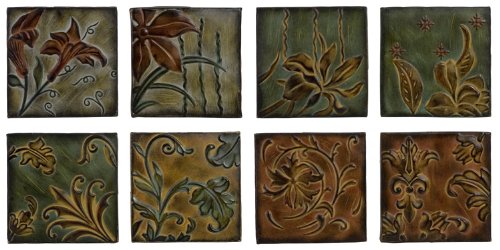 Set of 8 Floral & Leaf Design Square Wall Art Tiles 8