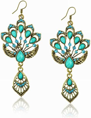 Blue Vintage Copper Peacock Crystal Resin Eardrop Hook Dangle Earrings