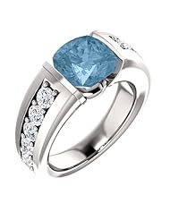 Platinum 8.00x8.00mm Antique Cushion Cut Sky Blue Topaz and Diamond Ring -- LIFETIME WARRANTY