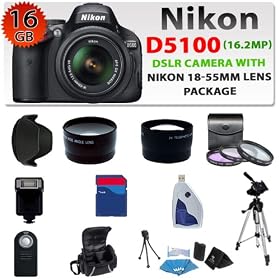 Nikon D5100 Digital SLR Camera with Nikon 18-55mm VR Lens + 3 Extra Lens + 16GB SDHC Memory Card... by