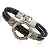 Stunning Mens Black Roman Style Leather Steel Bracelet Cuff ~ R&B Jewelry