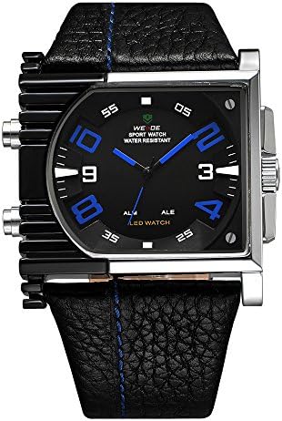 Mens Dress Watch Black Square Dual Time Analog Digital LED Blue Hands Leather WH-146