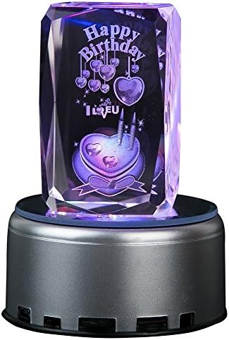 Philosophers 3d Laser Crystal Block Gift 24 Small Facets Subsurface Engraved Happy Birthday Heart Cake with Mp3 Rotary LED Plastic Music Box Multicolor