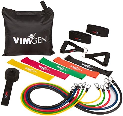 Resistance Bands 16-Piece Set by VIMGEN SPORTS - Complete Home Gym Equipment - Use for Fitness Exercises, CrossFit - Including Door Anchor, Foam Grips Handles, Ankle Straps &amp; Bag