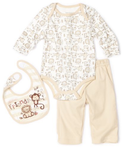 Babyworks Baby-Boys Newborn Safari Creeper Bib And Pant Set, Ivory, 3-6 Months