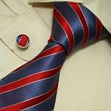S3050 Designer Hand Made Blue Red Stripes Necktie Cufflinks Set Ties for Men Jacquard Woven Pure Silk Mens Tie and Cuff Links Gift Tie Set