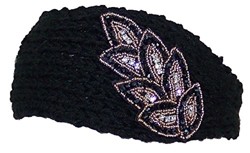 Best Winter Hats Solid Color Knit Headband W/Jeweled Leaf Bunch (One Size)