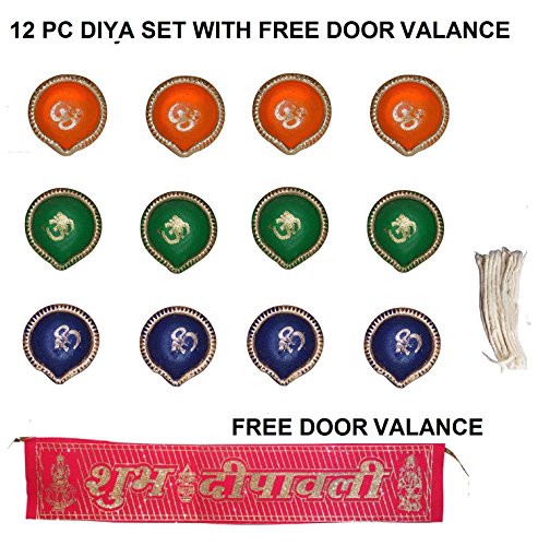 Handmade multicolor Earthen Traditional Diya Oil Lamp with 12 Cotton Batti/Wicks with Free Door Valance...RANDOM COLORS