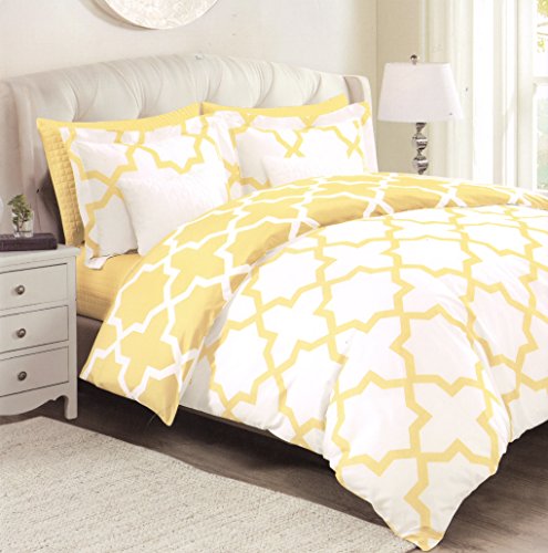Max Studio Lattice Quatrefoil Pattern Full Queen Duvet Cover and Shams 3pc Set, Mustard Yellow and White