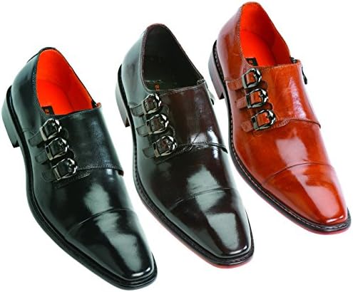 Steven Land Footwear Collection Mens Classic Tan Genuine Leather Cap Toe Triple Monkstrap Dress Shoe with Side Zipper : Style SL308-028