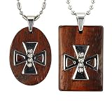 Stainless Steel Natural Redwood Couples Cubic Zirconia Iron Cross Pendant Necklace Set 18"/20-24"