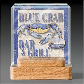 3-Dimensional glass Coaster set with wood holder ~ Blue Crab Bar and Grill ~ 4 Drink Coasters ~...