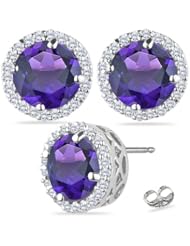 0.39 Cts Diamond & 2.15 Cts of 7 mm AAA Round Amethyst Earrings in 14K White Gold
