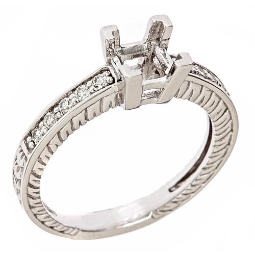 14K White Gold Antique Style Diamond Engagement Semi Mount Ring 0.20ct in Pave Setting (VS Clarity, F Color)