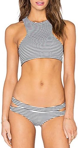 MRXYY Women's Shell Stripe Crop Reversible High Neck Bikini