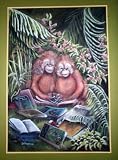 Beautiful Original Pastel Painting Little Orangutans & Books, Original art from the artist