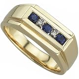 14kt Yellow Gold Elevated Bar Blue Sapphire and Diamond Men's Ring