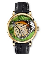SPRAWL Aanalog Fashion Series Gold Ladies Watches of Genuine Black Leather Strap,Unique Wrist Watch for Women Girls Designed with Butterfly on green leaves