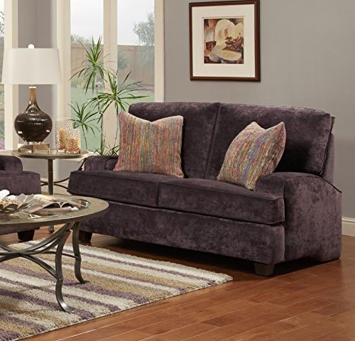 Chelsea Home Furniture Transitional Rome Loveseat in Aisa Eggplant with Chanel Rainbow Pillows