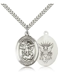 .925 Sterling Silver Saint St. Michael / Navy USN Sailor Seaman Protection Gift Medal Pendant 1/2 x 1/4 Inches Police Law Officers/EMTs-9075- Comes with a SS Lite Curb Chain Neckace And a Black velvet Box