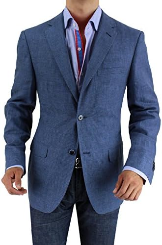 Bianco B Men's Two Button Linen Blazer Modern Fit Jacket (42 Long US / 52 Long EU, Blue Check)
