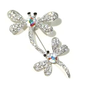 AB Clear Austrian Rhinestone Mother and Child Dragonfly Silver-Plated Brooch Pin