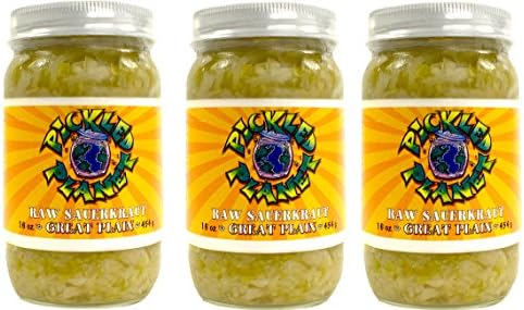 Organic Raw Sauerkraut, "Great Plain" Variety, 16 Oz Glass Jar, (3 Pack)