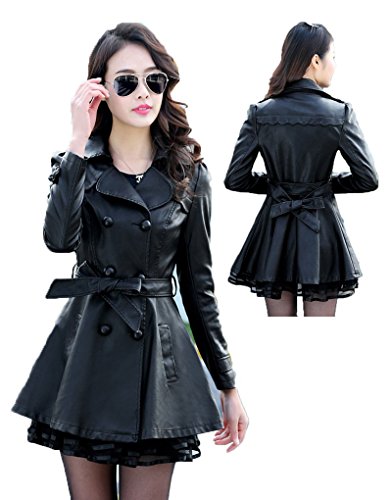 ナナコレクション Nana_Collection 春 秋 フェイクレザー 合皮 革 トレンチ コート 黒 レディース aライン 裾レース