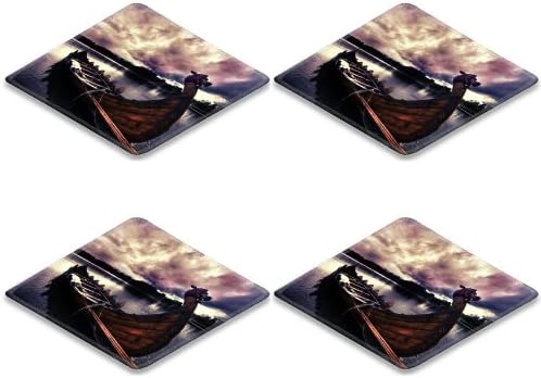 Dragon Boat Lake The Sky Tree Nature Square Coaster (4 Piece) Set Fabric Rubber 5 Inch Size Liil Coaster Cup Mug Can Water Bottle Drink Coasters Stain Resistance Collector Kit Kitchen Table Top Desk