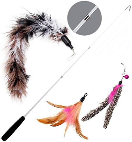 Wisspet Teaser Cat Toys Bird Catcher Interactive Wand Fishing Pole with 3 Feather Refill Replacement Pack