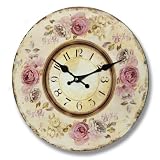 Large Vintage Style Pink Roses Floral Wall Clock (6356) 34 cm (14") Diameter - ** HALF-PRICE SPECIAL OFFER ** RRP LIST PRICE £42.00