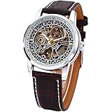 Men's Auto Self Wind Mechanical Hollow Engraving Brown PU Leather Strap Steampunk Bracelet Wrist Watch