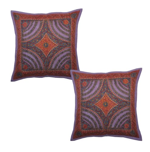 2 Pcs Indian Home Furnishing Handmade Cotton Cushion Cover with Patchwork & Thread Work, 41 X 41 Cm