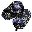 Blue and Gold Asian Inspired Bolster Pillow with Plum Blossom Design, Set of 2