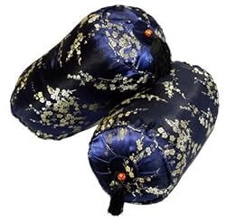 Blue and Gold Asian Inspired Bolster Pillow with Plum Blossom Design, Set of 2