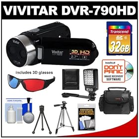 Vivitar DVR-790HD 3D HD Digital Video Camera Camcorder (Black) with 32GB Card + Case + Tripod + LED Light with Bracket + Accessory Kit