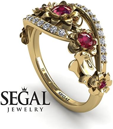 Unique Engagement Ring Diamond ring 14K Yellow Gold Flowers And Leafs Ruby With White diamond - Ellie