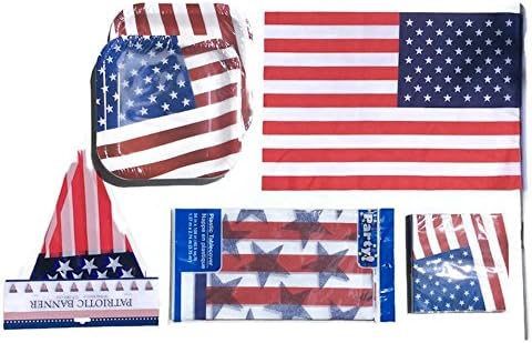 4th of JULY Party Bundle INDEPENDENCE DAY Party Bundle Fourth of July Party Decoration Sale for 20+ People -28 Plates,20 Napkins,1 Plastic Tablecloth,1 US Flag (12" x 18") &amp;10 Flag banner(12 ft)